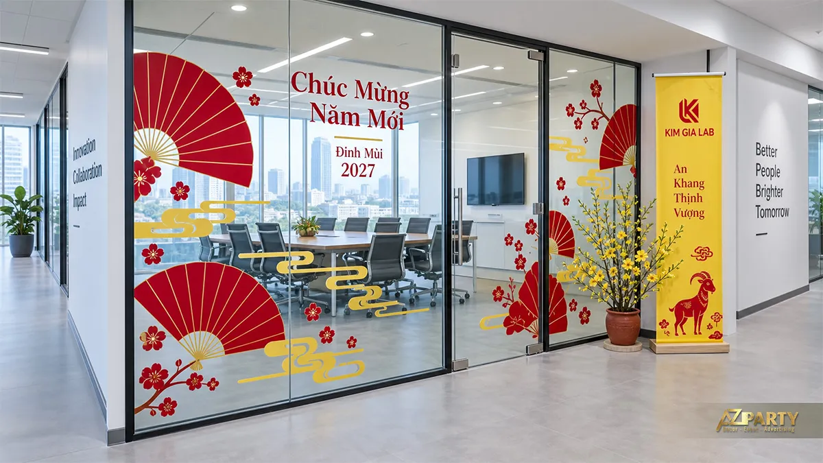Kính phòng họp với quạt đỏ và họa tiết mây vàng