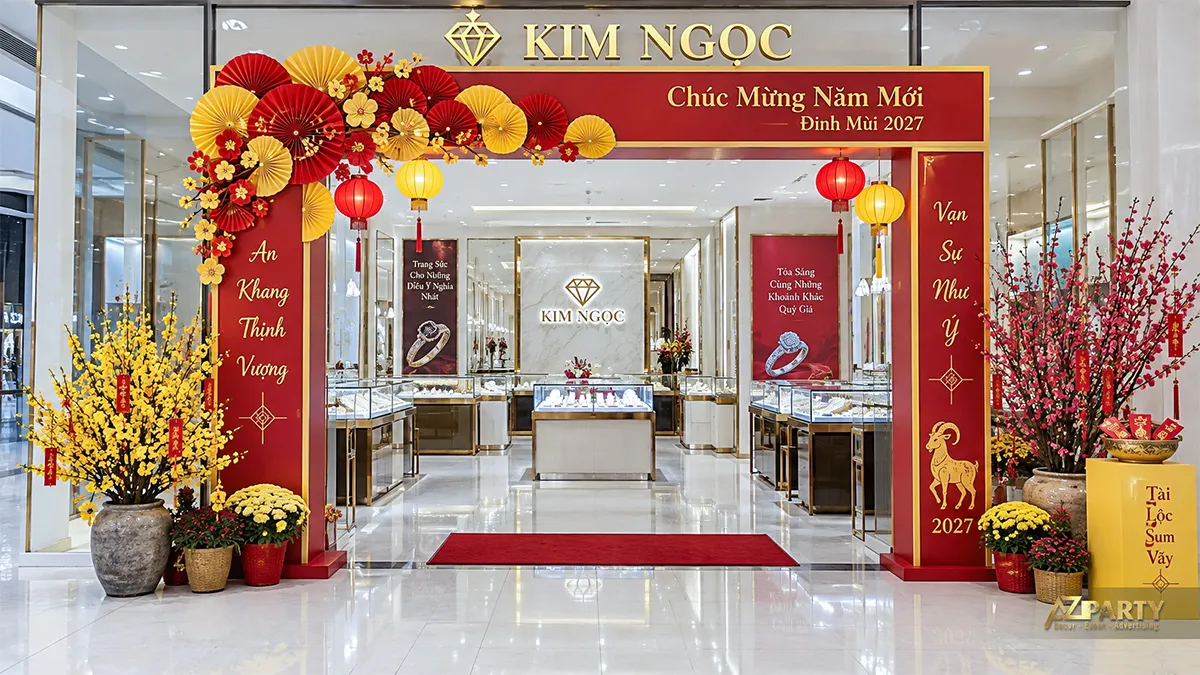 Cổng hoa đỏ vàng trước cửa hàng trang sức