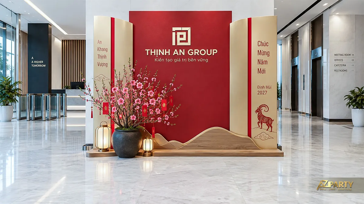 Backdrop đỏ ở giữa hai cánh kem tại quầy công ty