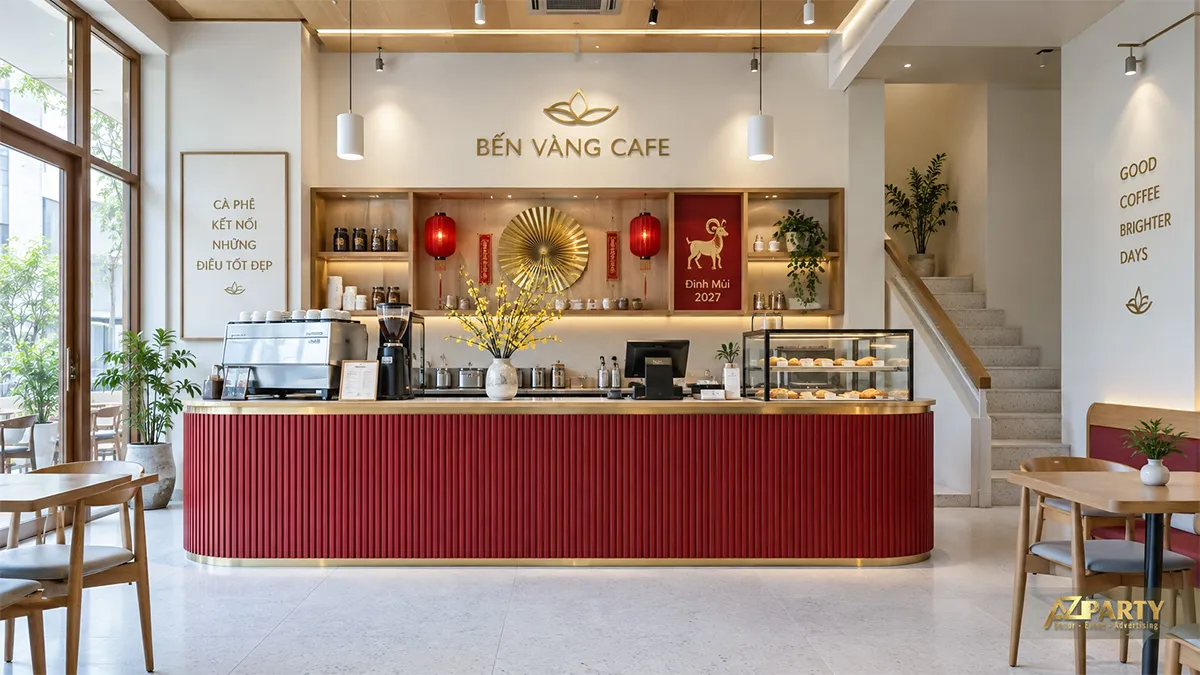 Quầy cà phê với vách nan đỏ uốn cong