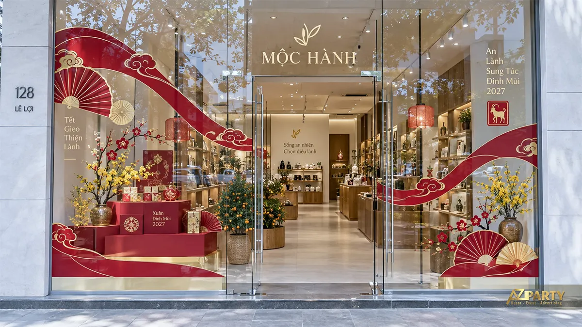 Cửa kính cửa hàng trang trí dải sóng đỏ
