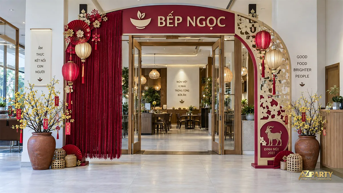 Cổng Bếp Ngọc phủ rèm tua đỏ và viền vàng