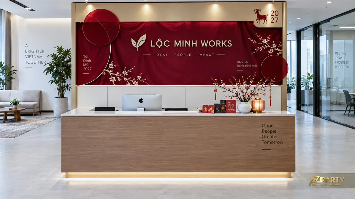 Mảng đỏ sau quầy lễ tân văn phòng