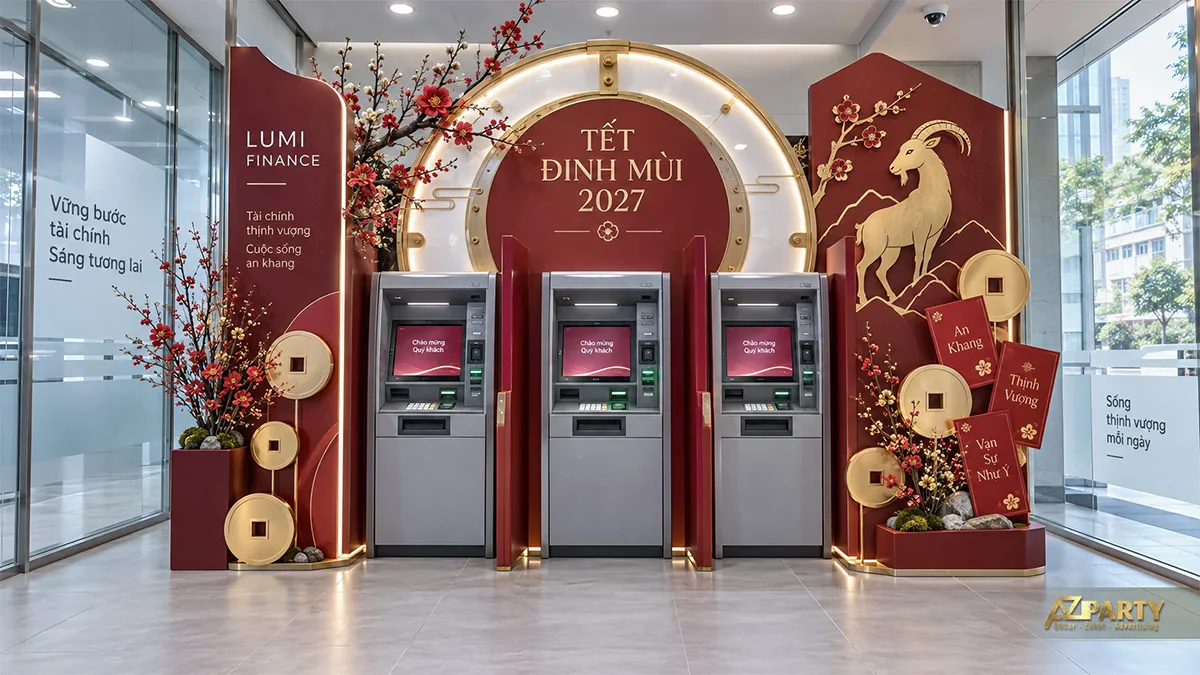 Khu ATM trang trí khung tròn đỏ vàng, hình dê và đồng tiền cổ