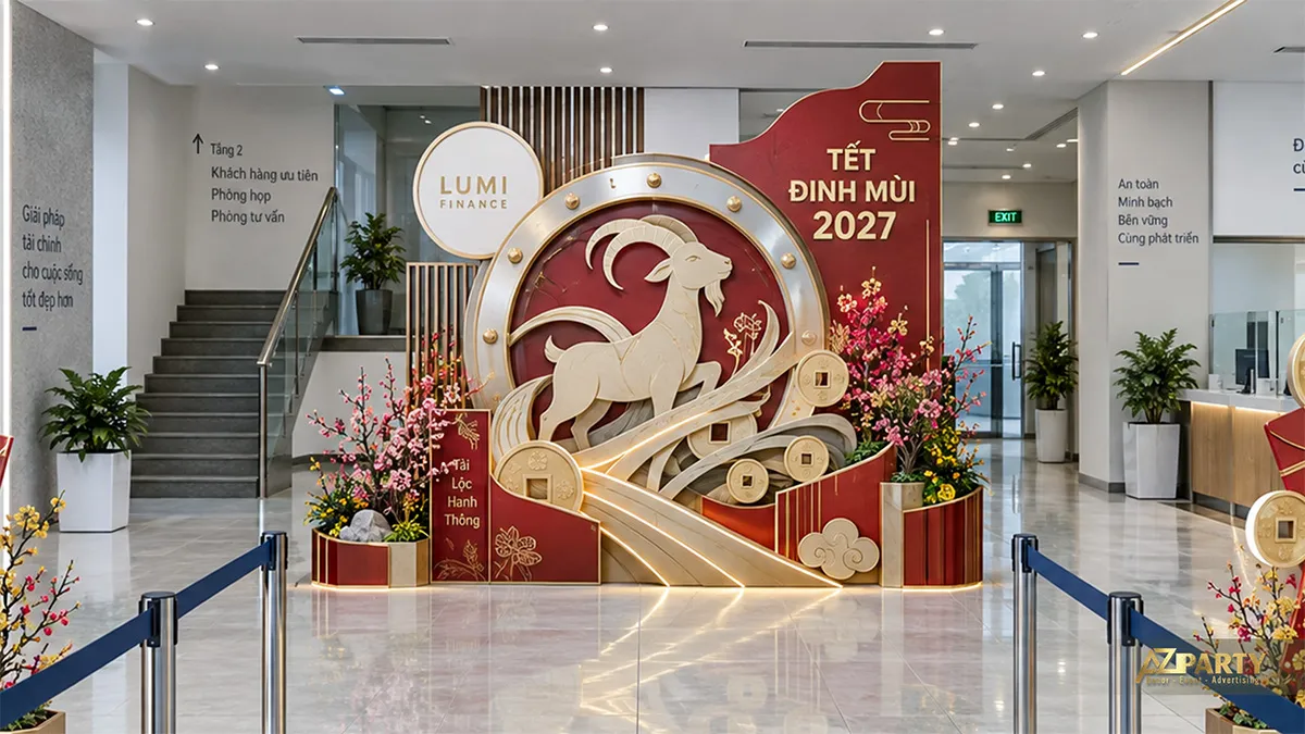 Backdrop Tết đỏ vàng tại khu chờ giao dịch với dê, đường cong phát sáng và hoa xuân