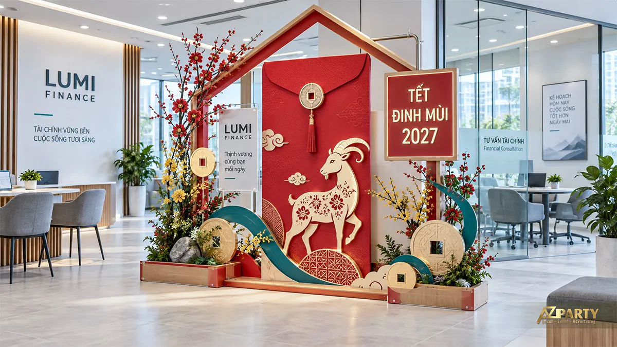Góc tư vấn tài chính có tiểu cảnh bao lì xì, dê và mũi tên tăng trưởng