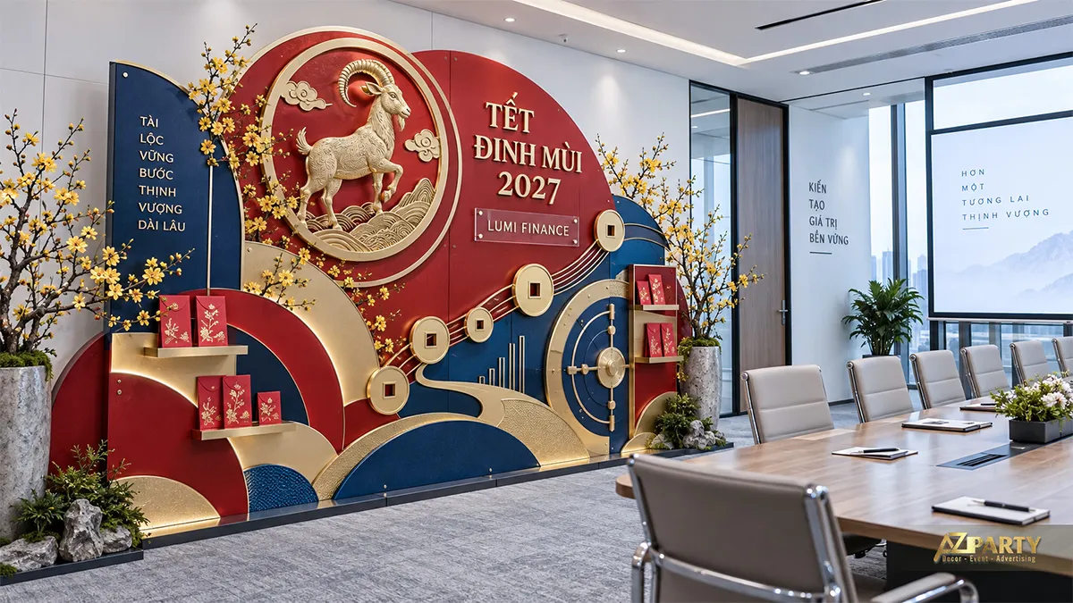 Phòng họp ngân hàng có backdrop Tết đỏ xanh, dê và hình két sắt