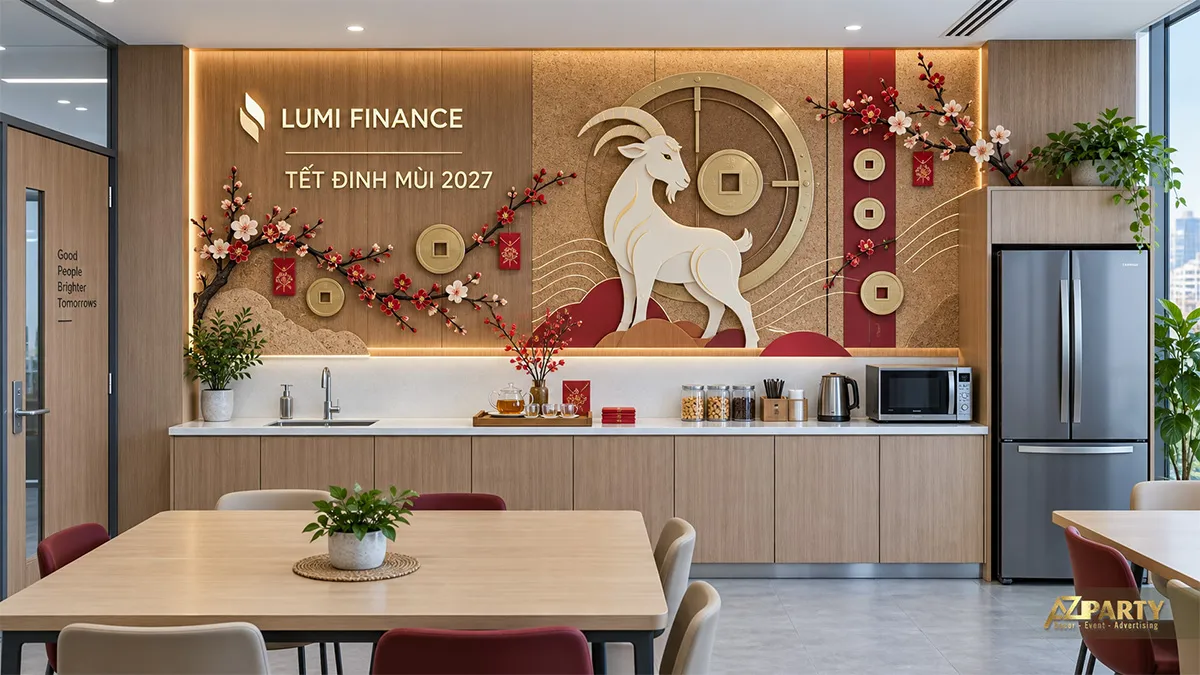 Khu pantry văn phòng ngân hàng có mảng tường dê, tiền cổ và cành hoa