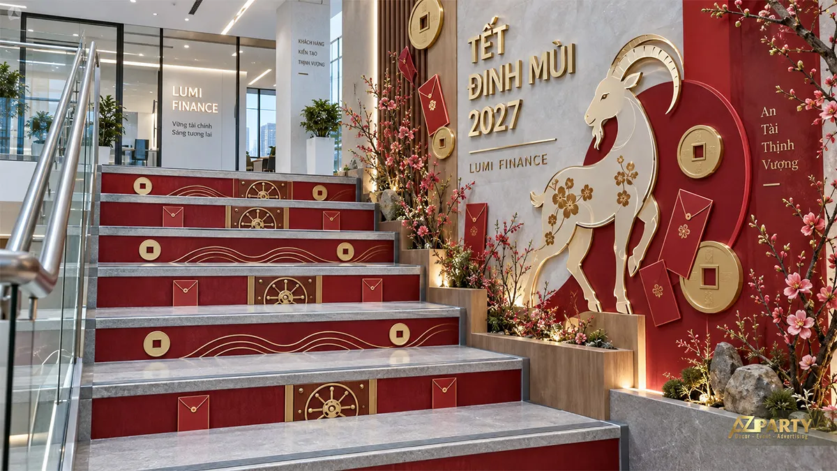 Cầu thang ngân hàng trang trí họa tiết phong bao lì xì, tiền cổ và dê