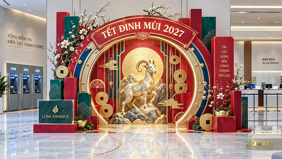 Cổng tròn Tết trong sảnh giao dịch với dê trên núi, ATM và các khối đỏ xanh