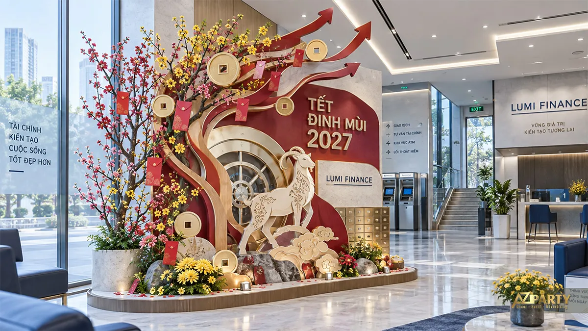 Tiểu cảnh Tết cạnh khu ATM với cây hoa, dê và cổng két sắt