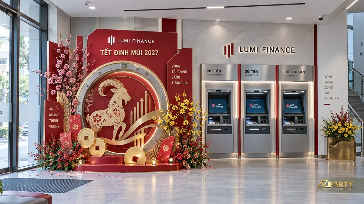Backdrop đỏ vàng đặt cạnh ba máy ATM trong sảnh ngân hàng
