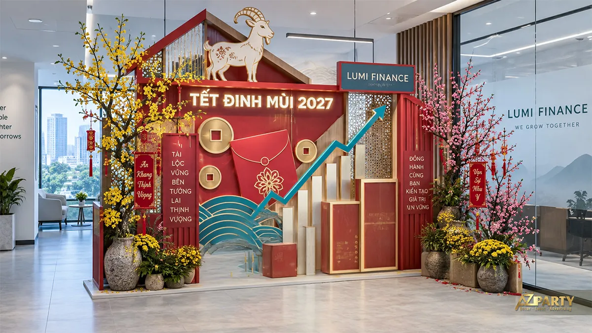 Tiểu cảnh Tết hình ngôi nhà tài lộc với dê, phong bao lì xì và mũi tên xanh