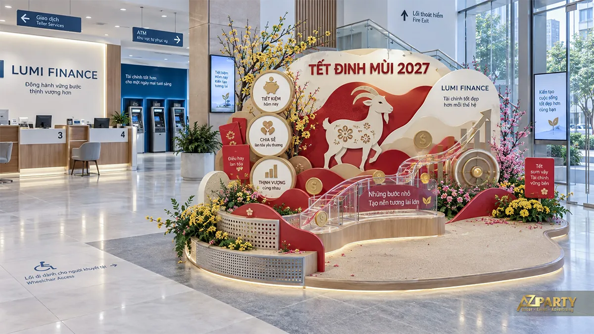 Tiểu cảnh Tết tông đỏ kem ở khu chờ với dê, hình heo đất và mô hình cầu