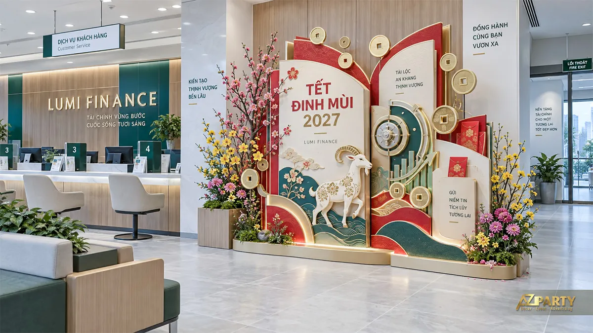 Backdrop Tết trước quầy dịch vụ khách hàng với dê, két sắt và đồng tiền cổ