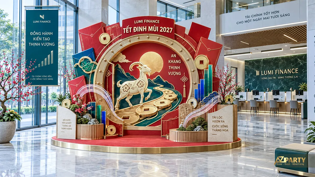 Tiểu cảnh Tết trong sảnh ngân hàng với dê, đồng tiền cổ và các khối kính màu