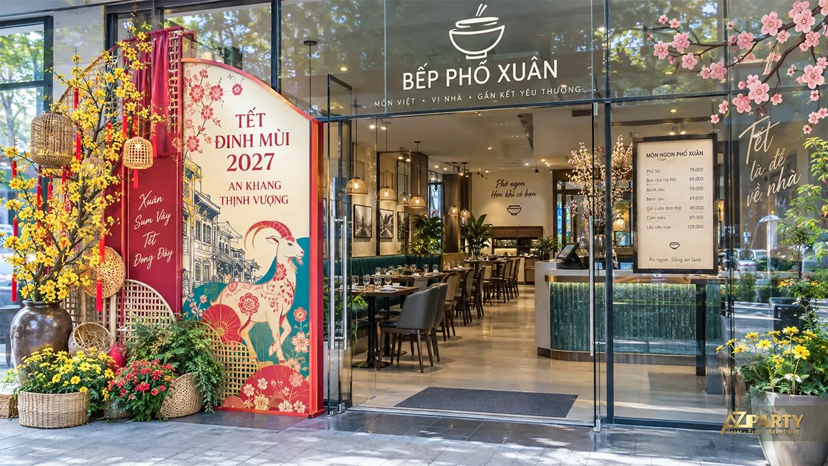 Mặt tiền nhà hàng Bếp Phố Xuân trang trí Tết với cổng hoa mai, đèn lồng và bảng chúc Xuân