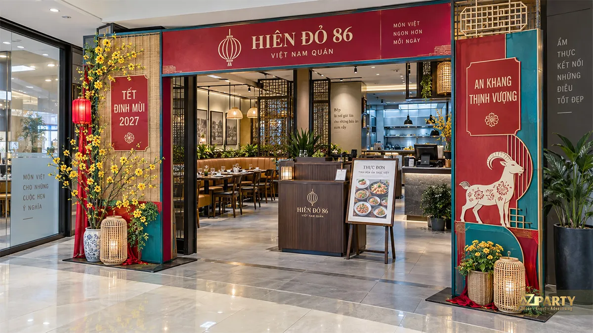 Lối vào nhà hàng Hiền Đỏ 86 với backdrop Tết đỏ, hoa mai và chậu cúc vàng