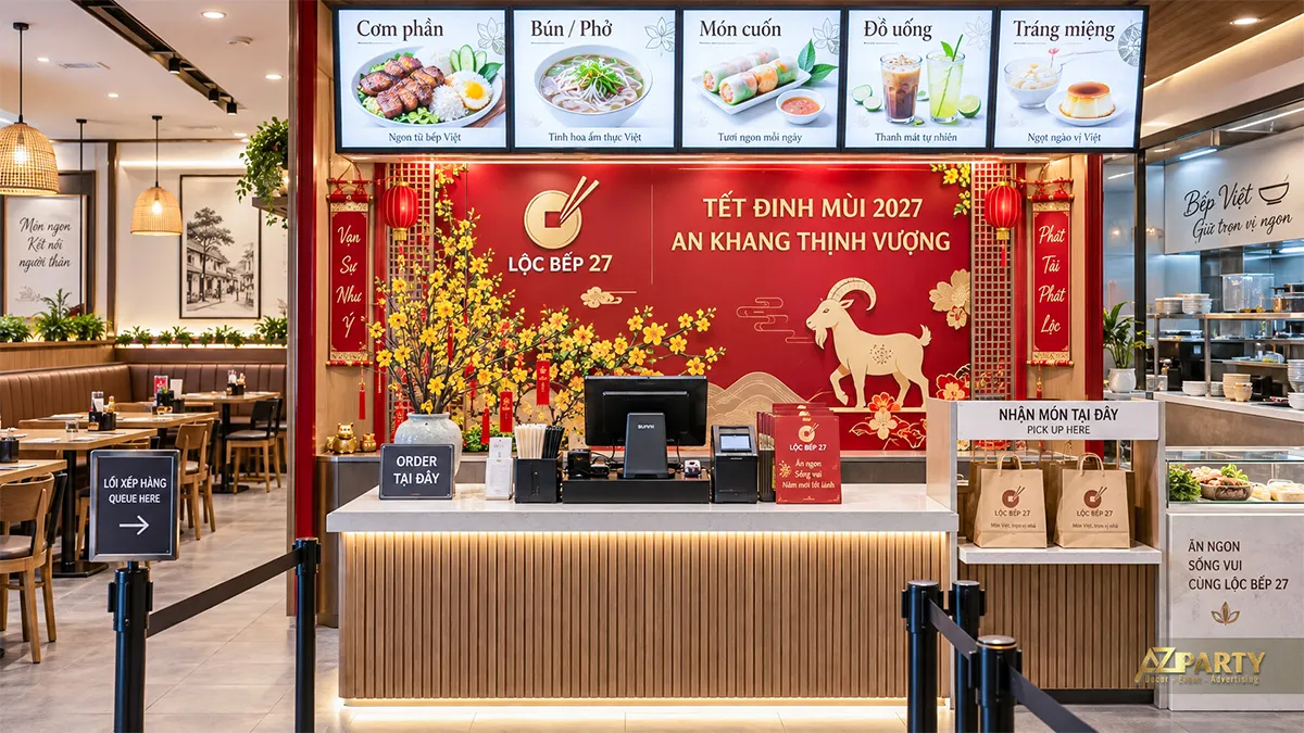 Không gian nhà hàng Bếp Đỏ Gia Vị với vách Tết đỏ, hoa mai và bàn ăn