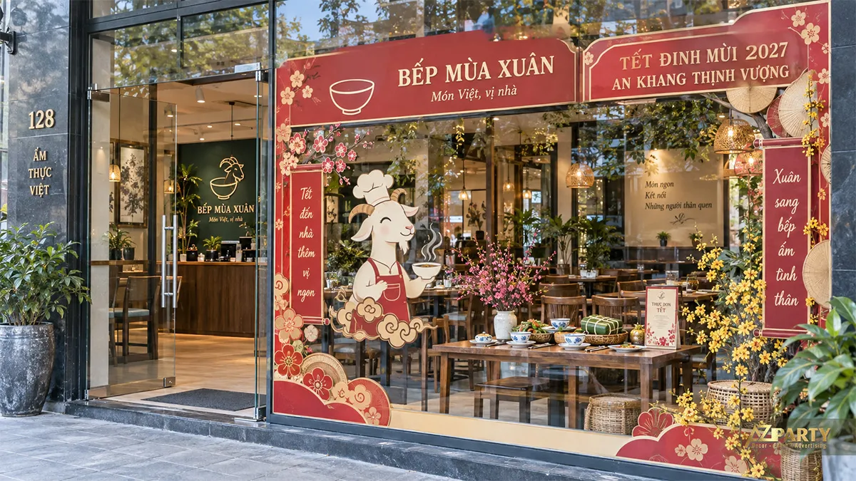 Sảnh nhà hàng hiện đại có backdrop Tết đỏ, cây mai và bảng chỉ dẫn bàn ăn