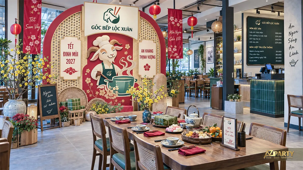 Mặt tiền nhà hàng có cổng Tết đỏ vàng, hoa mai và bảng tên cửa hàng