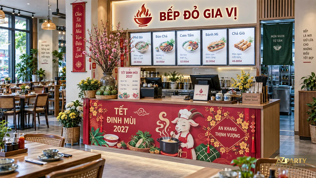 Backdrop Tết trong nhà hàng với hình nhân vật ngày Xuân, hoa mai và bàn ghế
