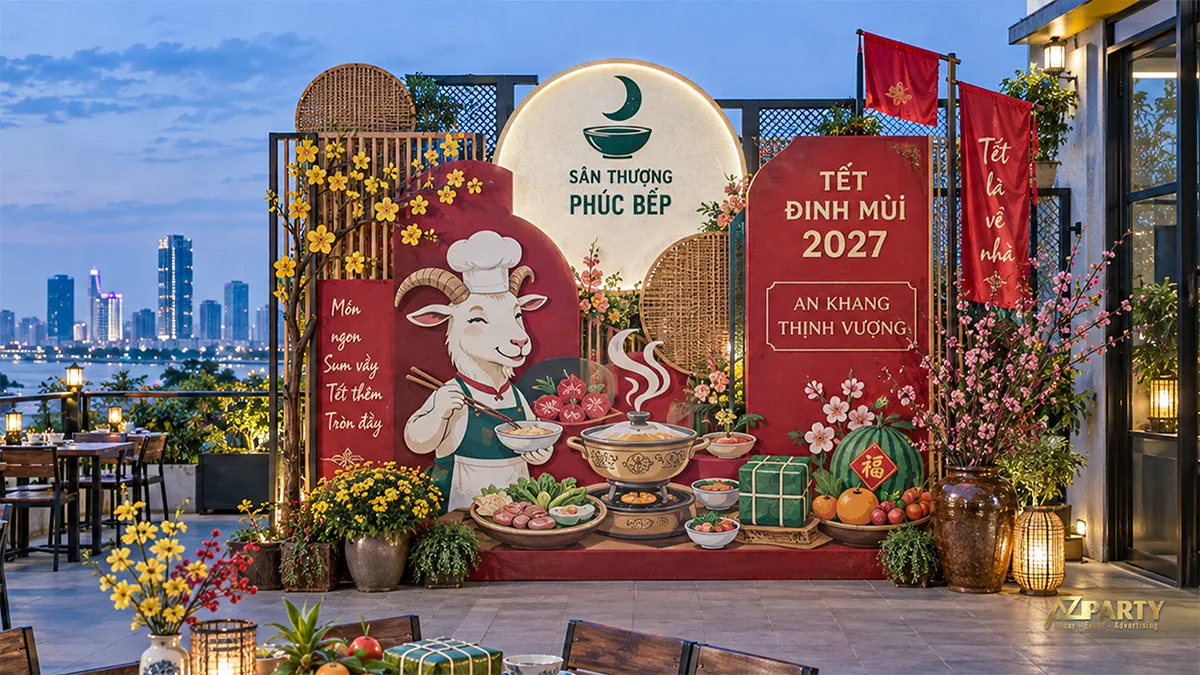 Góc check-in nhà hàng với khung vòm Tết, hoa mai, đèn lồng và bàn ăn