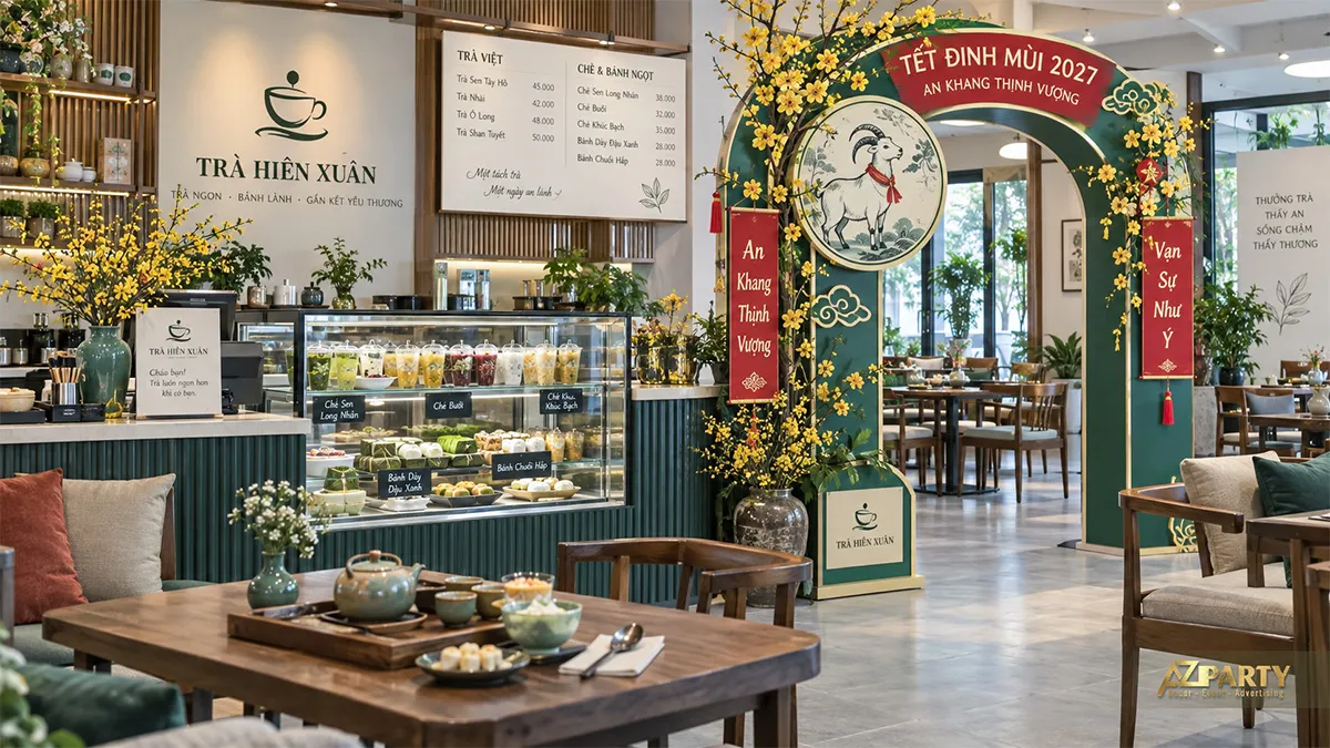 Backdrop Tết nhà hàng tông xanh đỏ với hình đầu bếp, hoa mai và bàn ghế