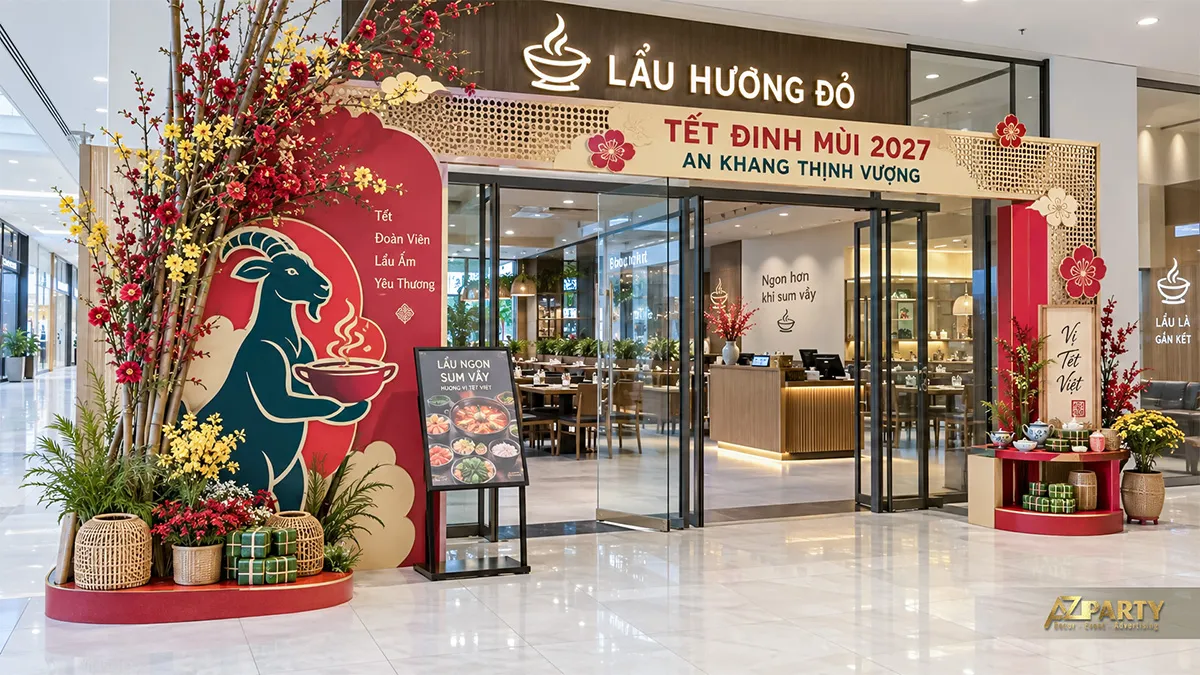 Backdrop Tết nhà hàng với hình thiếu nữ mùa Xuân, hoa mai và bàn tiệc