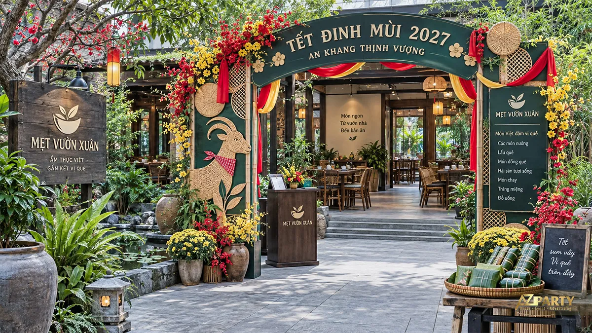 Khu vực lối vào nhà hàng trang trí mảng đỏ, hoa mai và bảng chào khách