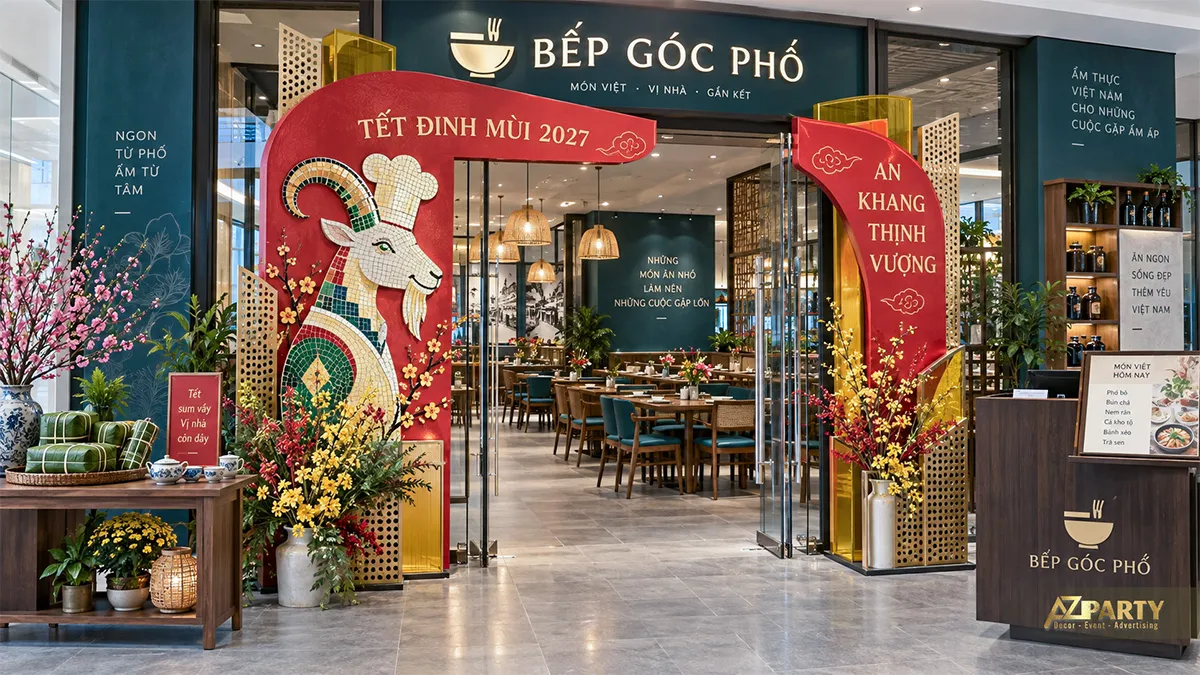 Backdrop Tết nhà hàng tông xanh đỏ với hình đầu bếp và cụm hoa mai lớn