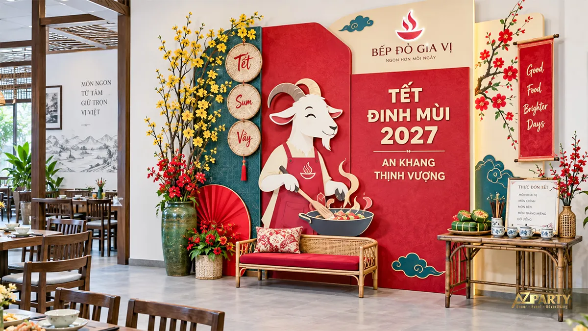 Nhà hàng Bếp Góc Phố với mảng Tết đỏ, cây mai và bảng thực đơn