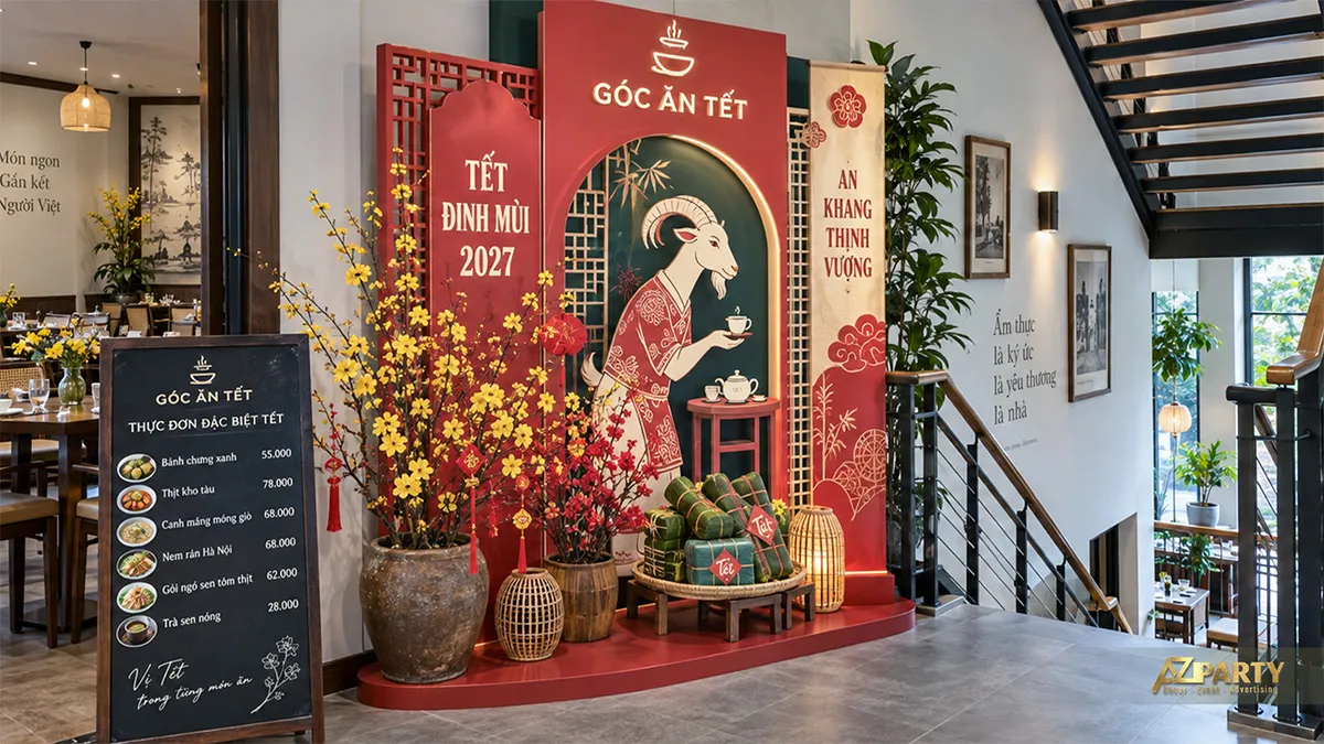 Backdrop Tết đỏ tại nhà hàng với hình đầu bếp, hoa mai và bảng thông điệp