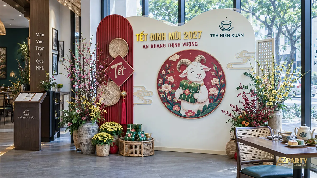 Mặt tiền nhà hàng có vách Tết đỏ, cây mai và bảng menu đón khách