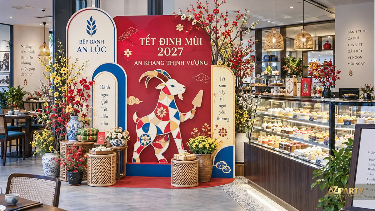 Backdrop Tết nhà hàng với hình đầu bếp, hoa mai và cụm bàn ăn phía trước