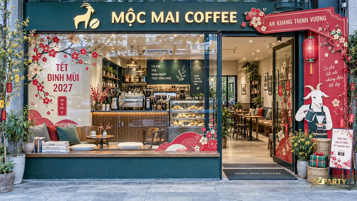 Mặt tiền Mộc Mai Coffee trang trí cửa kính hoa đào và cổng đỏ đón Tết