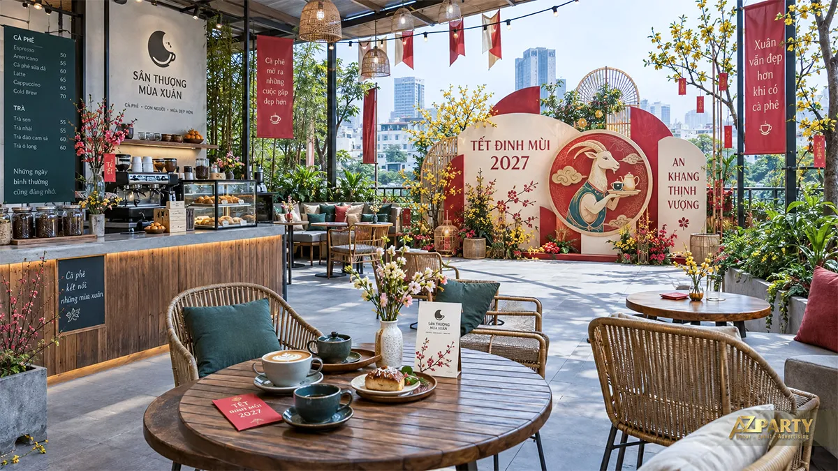 Sân thượng quán cà phê có backdrop linh vật dê, hoa mai và bàn ghế mây