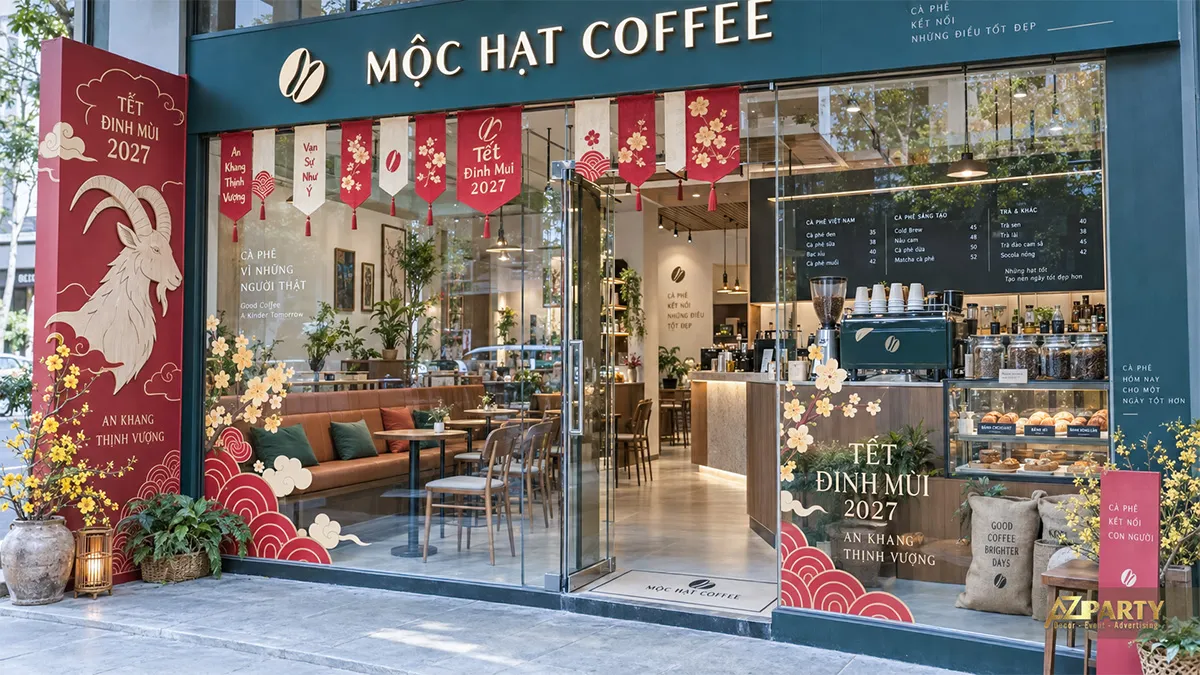Mặt tiền Mộc Hạt Coffee trang trí băng cờ, decal hoa mai và bảng linh vật dê
