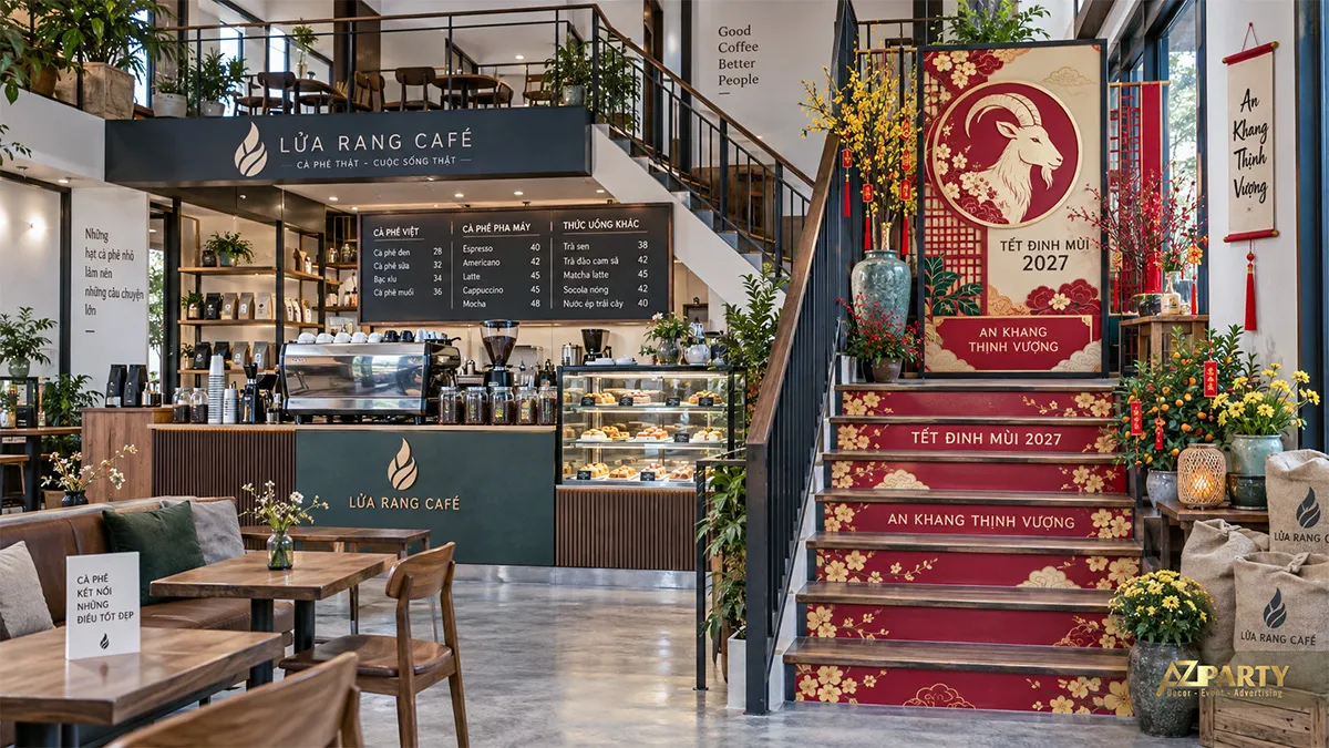 Cầu thang Lửa Rang Café phủ decal Tết đỏ, hoa mai và tranh linh vật dê