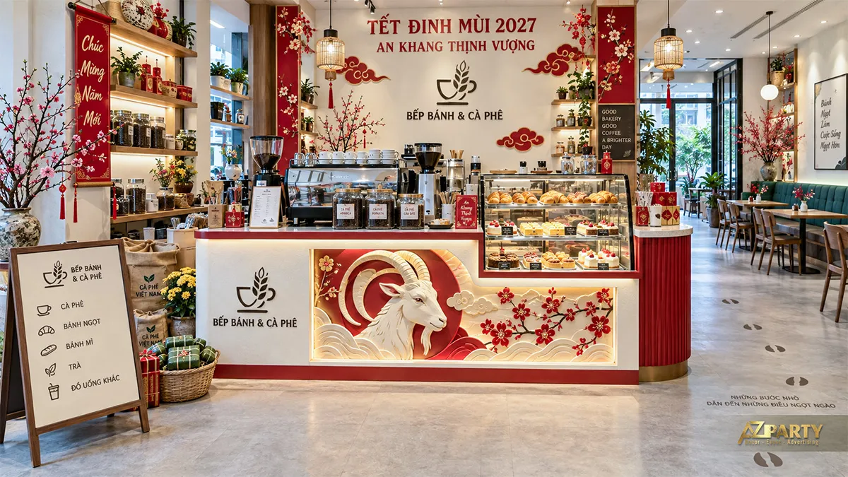 Quầy bánh và cà phê trang trí mảng đỏ kem, hoa đào cùng phù điêu dê phát sáng