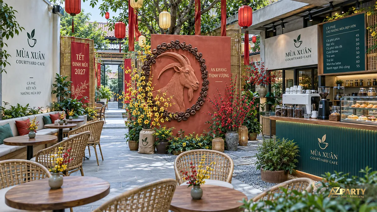 Sân vườn Mùa Xuân Courtyard Café với tranh dê đất nung và đèn lồng đỏ