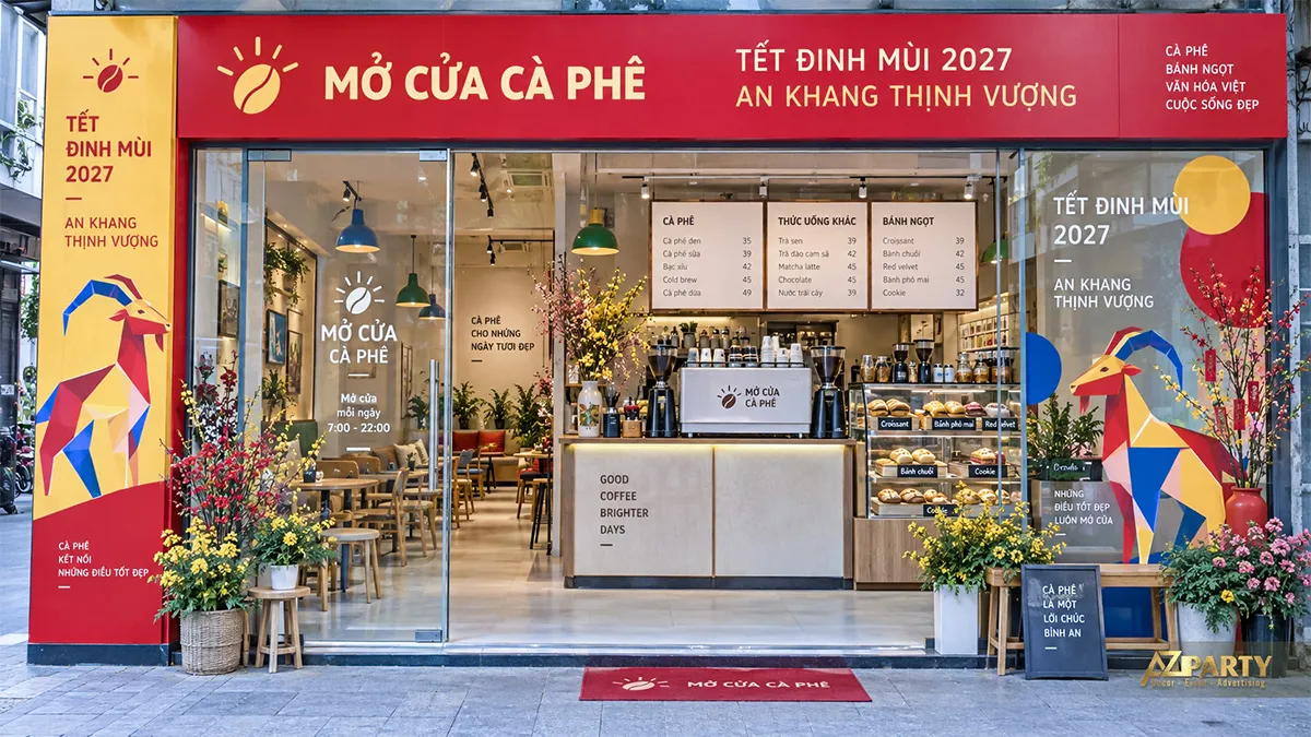 Mặt tiền Mở Cửa Cà Phê trang trí đỏ vàng cùng linh vật dê hình học