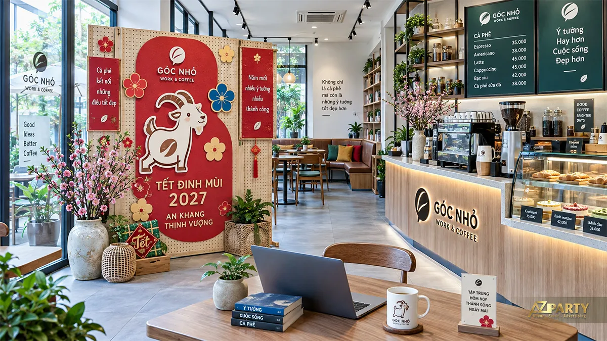 Vách check-in bằng gỗ đục lỗ tại Góc Nhỏ Work and Coffee với hình dê trắng