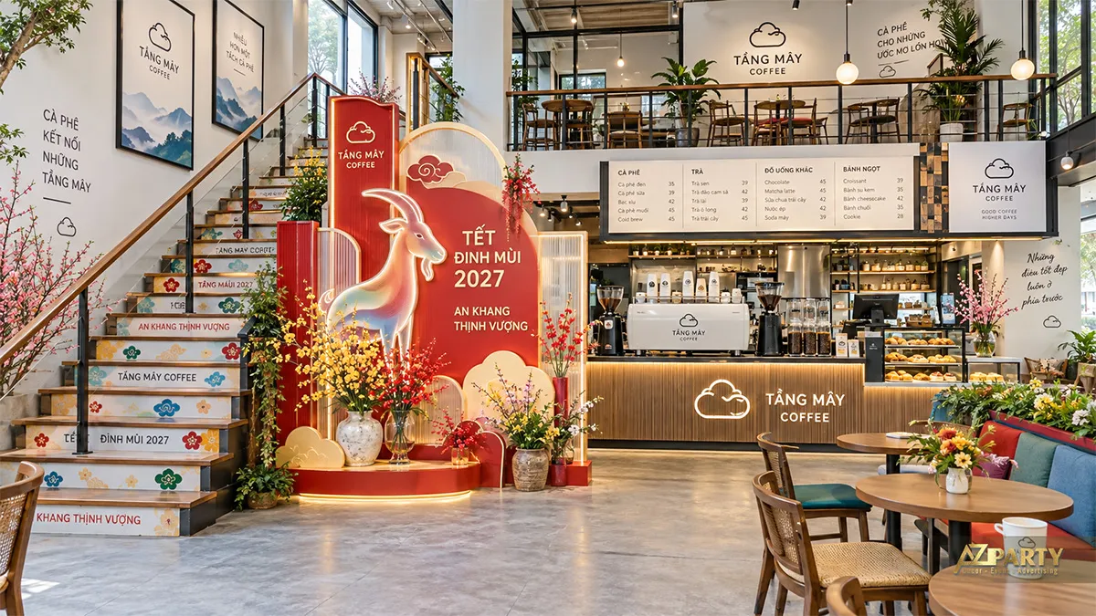 Tiểu cảnh đỏ phát sáng hình dê đặt cạnh cầu thang Tầng Mây Coffee