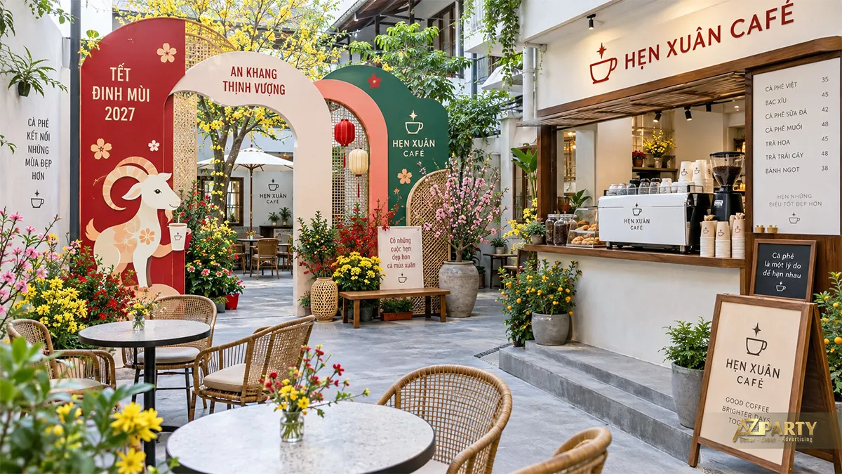 Cổng vòm nhiều lớp tại sân vườn Hẹn Xuân Café với linh vật dê và hoa mai