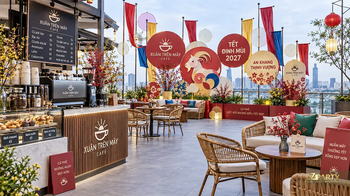 Backdrop Tết trên sân thượng Xuân Trên Mây Café với các bảng tròn nhiều màu