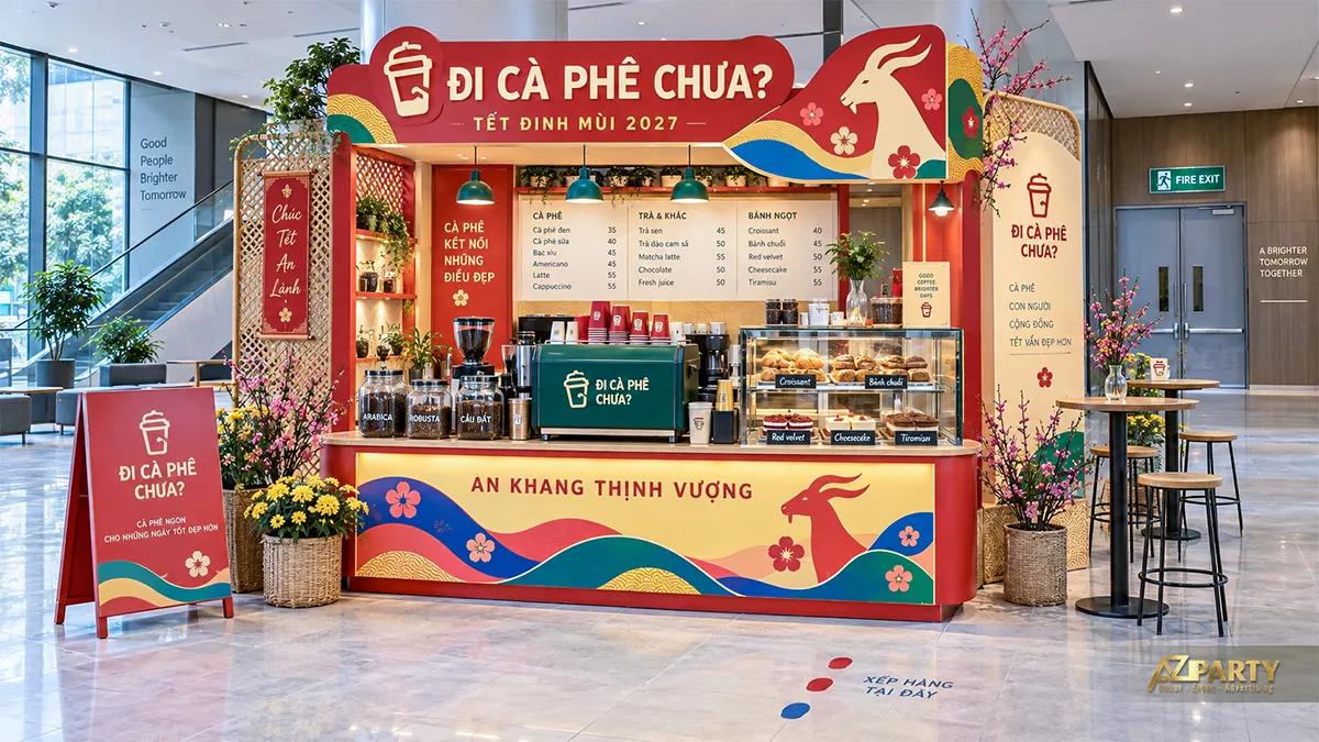 Quầy kiosk Đi Cà Phê Chưa trang trí đỏ vàng xanh với hoa đào và linh vật dê