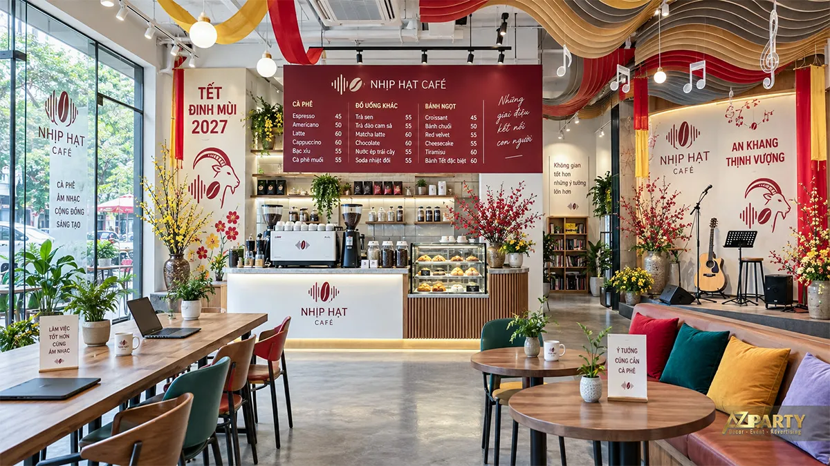 Quán Nhịp Hạt Café trang trí trần uốn lượn và sân khấu âm nhạc ngày Tết