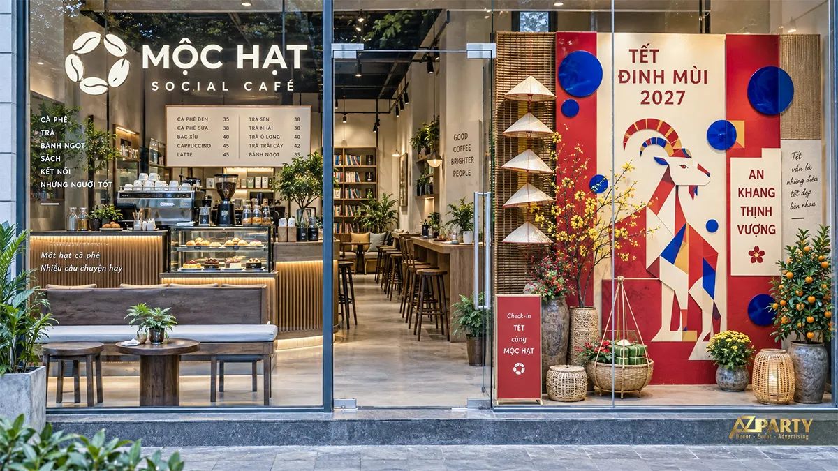 Cửa kính Mộc Hạt Social Café có backdrop dê hình học, nón lá và hoa mai