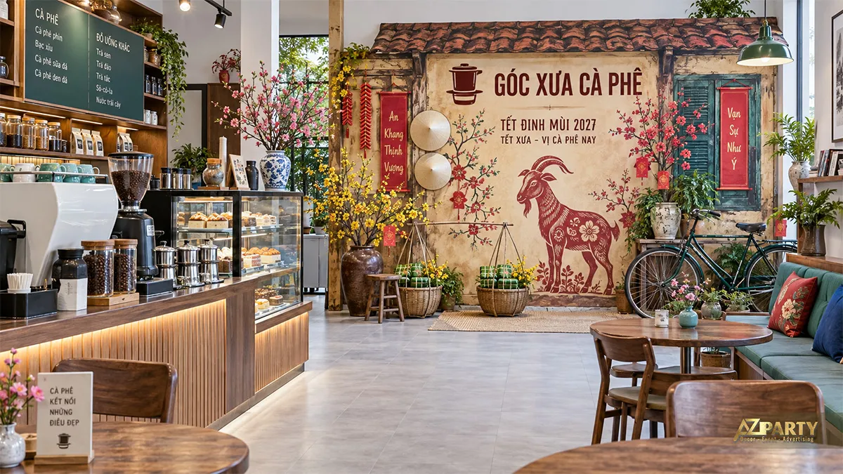 Góc Xưa Cà Phê với mái ngói, xe đạp, nón lá, bánh chưng và tranh dê